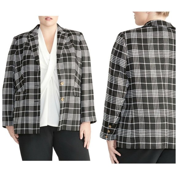 Rachel Roy Black Ivory Plaid Flap Pocket Blazer
